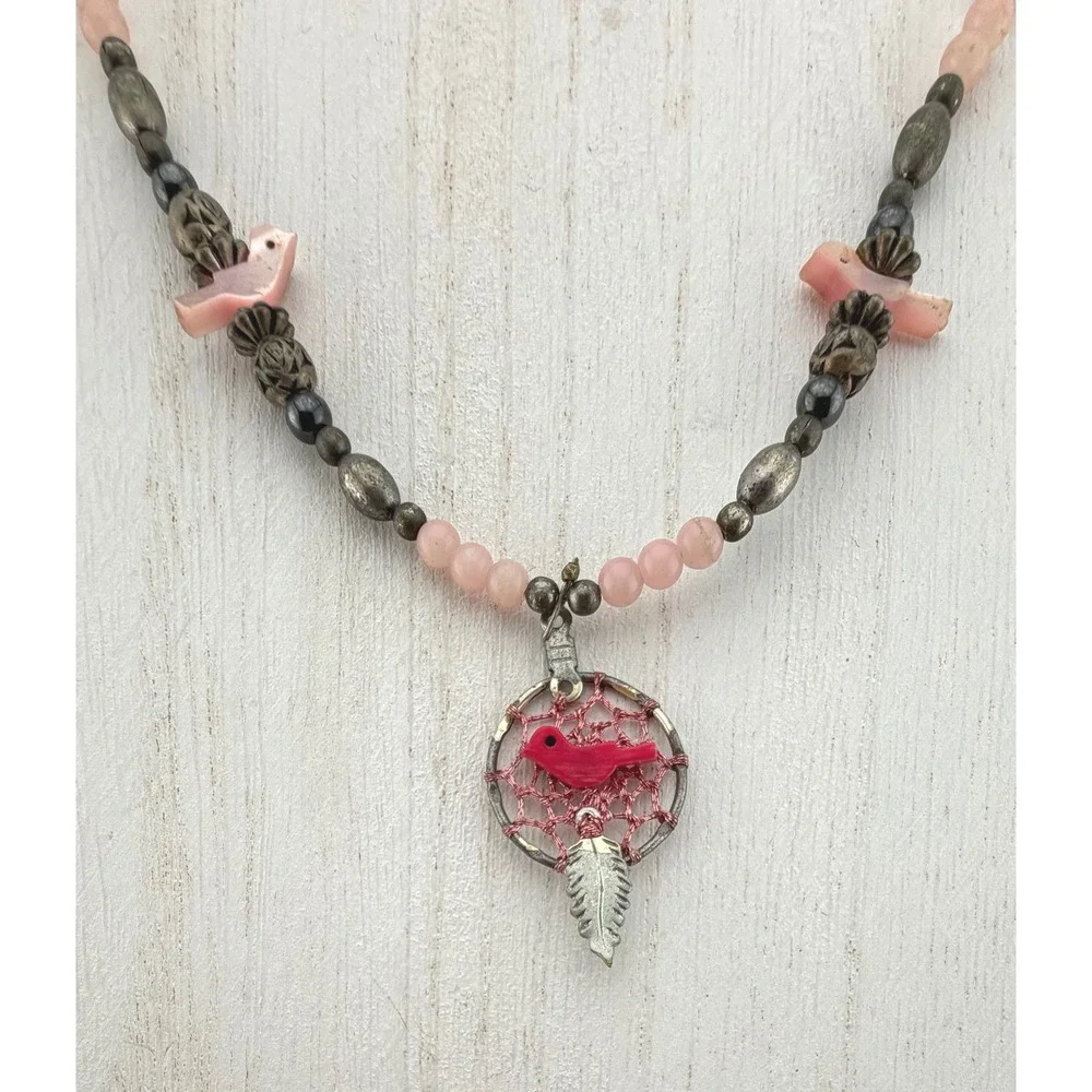 Bird Fetish Dreamcatcher Necklace Pink Silver Tone‎ Vintage READ
